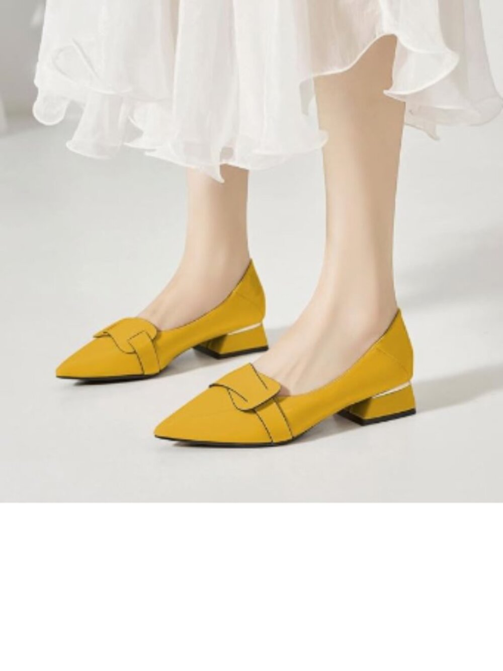 YDN Yellow Pointed Toe Flat Pumps Slip on Block Low Heel Loafers Office Shoes